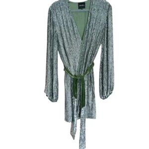 Retrofete "Gabrielle" Silver Sequined & Green Velvet Wrap Dress Women's Size M